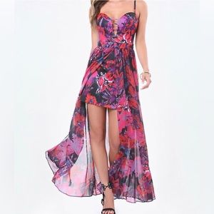 Bebe Floral Maxi Dress | size: 0-2/XS | Scuba mini dress w/ maxi overlay